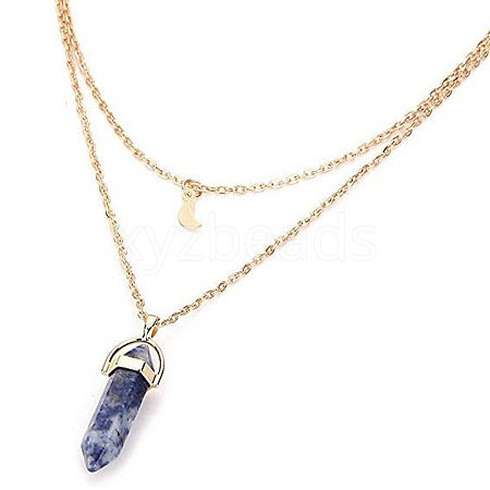 Natural Blue Spot Jasper Double Terminated Pointed Bullet & Moon Alloy Pendant Double Layer Necklaces for Women WGAD714-06-1