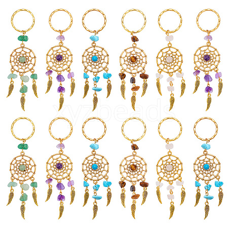   12Pcs Woven Net/Web with Feather Natural & Synthetic Gemstone Pendant Keychain KEYC-PH0001-80-1