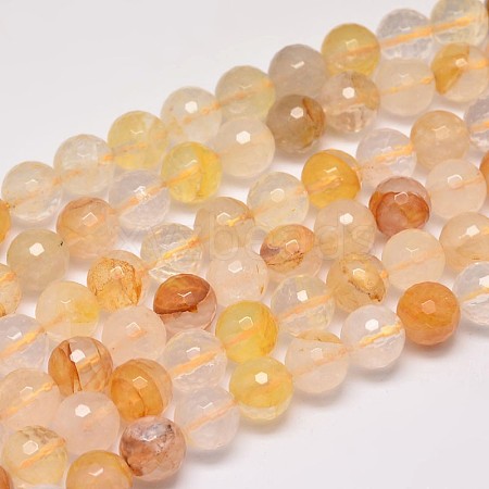 Faceted Natural Yellow Hematoid Quartz Round Beads Strands G-F266-10-8mm-1