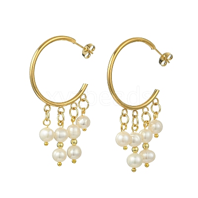 Round with C-Shaped Natural Pearl & 304 Stainless Steel Tassel Chandelier Earrings EJEW-JE07025-1