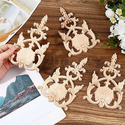 4Pcs Natural Solid Wood Carved Onlay Applique Craft WOOD-FH0002-37-1
