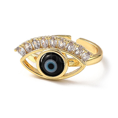 Lampwork Evil Eye Open Cuff Ring with Clear Cubic Zirconia RJEW-L104-02G-01-1