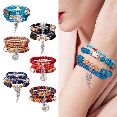 5Pcs 5 Style Wood & Glass Seed & Acrylic Beaded Stretch Bracelets Set with Baseball JB709A-1