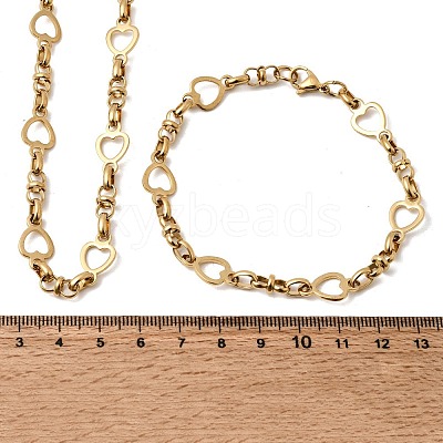 304 Stainless Steel Heart Link Chain Bracelet & Necklace Jewelry Sets SJEW-L199-08G-1