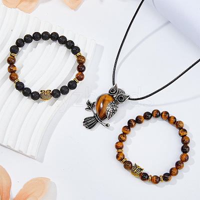 Alloy Owl Pendant Necklace & Beaded Stretch Bracelets SJEW-FI0001-06-1