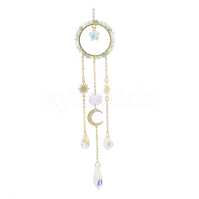 Natural Green Aventurine Woven Net/Web with Feather Window Hanging Suncatchers HJEW-JM00852-02-1