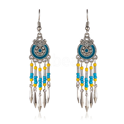 Bohemian Style Alloy Enamel Flat Round Tassel Chandelier Earrings FS-WG14215-04-1