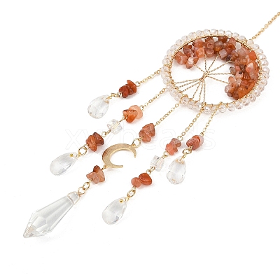 Wire Wrapped Natural Red Agate Chip Tree of Life Window Hanging Prism Ornaments HJEW-TA00283-02-1