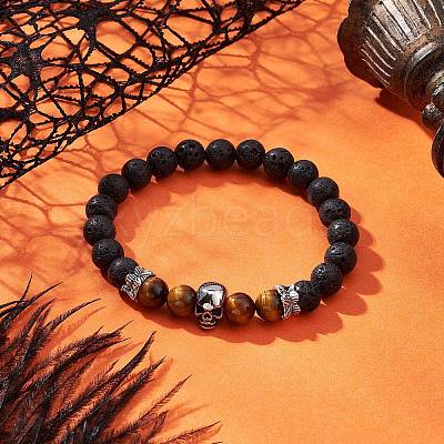 Natural Lava Rock & Tiger Eye  Round Beads Stretch Bracelets BJEW-TA00680-1