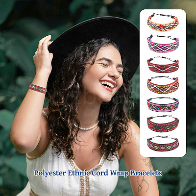 7Pc 7 Style Adjustable Polyester Ethnic Cord Wrap Bracelets BJEW-TAC0036-1