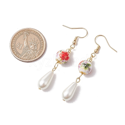 Round with Flower Pattern Porcelain Ceramic Dangle Earrings EJEW-JE06347-02-1