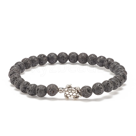 Natural Lava Rock Stretch Bracelet with Alloy Turtle Beaded BJEW-JB08309-02-1