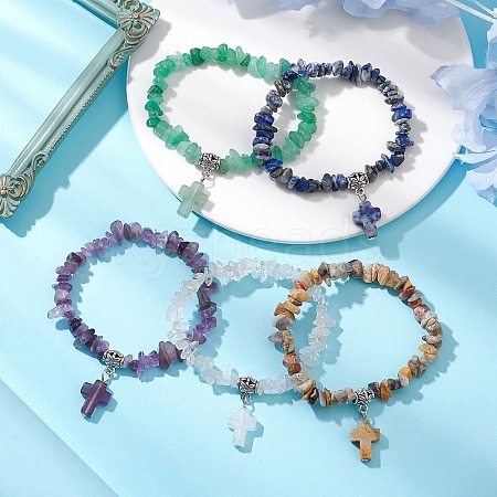 Natural Gemstone Chip & Cross Stretch Bracelets for Women Men BJEW-JB11385-1