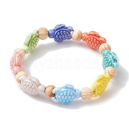 Beach Tortoise Handmade Procelain & Wood Round Beaded Stretch Bracelets BJEW-JB10299-01-1