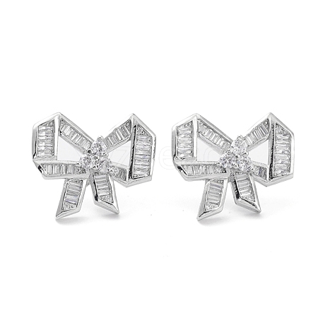 Bowknot Rack Plating Brass Cubic Zirconia Stud Earrings for Women EJEW-K245-07P-1