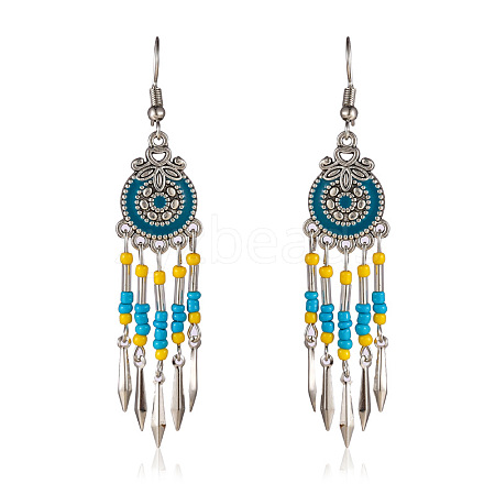 Bohemian Style Alloy Enamel Flat Round Tassel Chandelier Earrings FS-WG14215-04-1