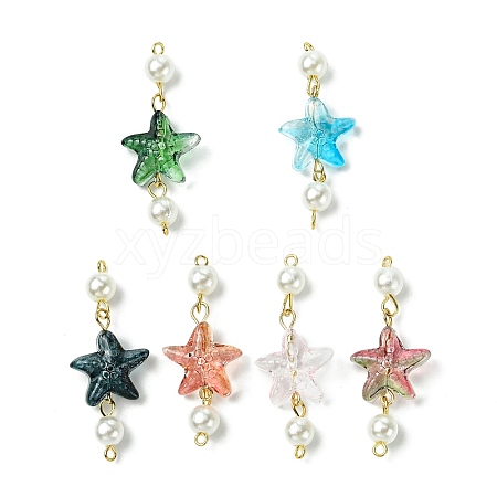 50Pcs Gradient Color Baking Painted Transparent Glass Starfish & Round Imitation Pearl Connector Charms PALLOY-JF03289-1