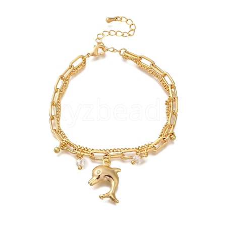 Dolphin Brass Charm Bracelets BJEW-L696-010G-1