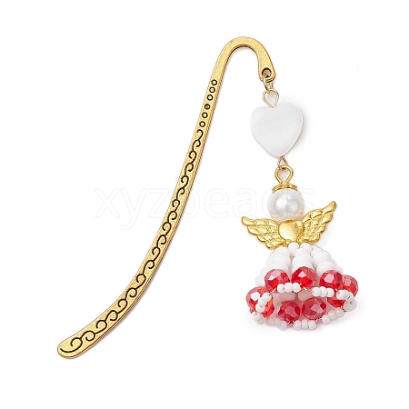 Heart Angel Glass Seed & Plastic Pearl Pendant Bookmark AJEW-MZ00002-04-1