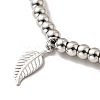 304 Stainless Steel Leaf Charm Bracelet with 201 Stainless Steel Round Beads for Women BJEW-B057-18P-2