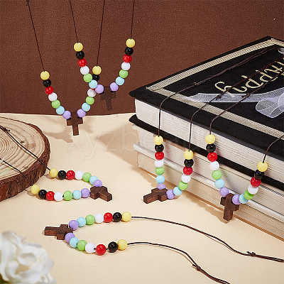 Wood Cross with Acrylic Beaded Pendant Necklaces for Women NJEW-AB00011-1