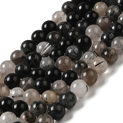 Natural Black Rutilated Quartz Beads Strands G-R446-8mm-37-01-1