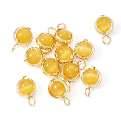 12Pcs Brass & Glass Imitation Cat Eye Round Charms PALLOY-TAC0237-02-1