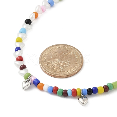 Bohemian Round Glass Seed Beaded Necklaces with Antique Silver Tone Alloy Heart Charms NJEW-JN05216-1