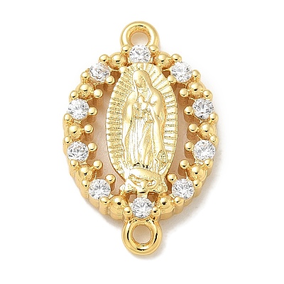 Rack Plating Brass Clear Cubic Zirconia Religion Oval Virgin Mary Connector Charms KK-L224-097G-1