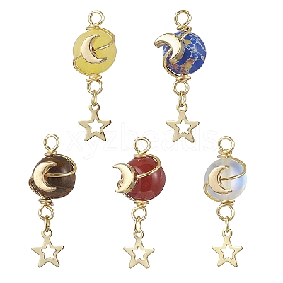 Synthetic Moonstone & Imperial Jasper & Natural Tiger Eye & Carnelian(Dyed & Heated) & Yellow Jade Round Copper Wire Wrapped Planet Pendants PALLOY-JF04546-1