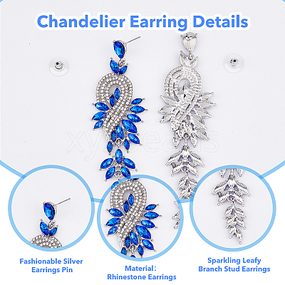 3 Pairs 3 Colors Sparkling Rhinestone Leafy Branch Dangle Stud Earrings EJEW-FI0001-90-1