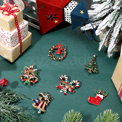 6Pcs 6 Styles Christmas Theme Enamel Pins JEWB-SP0001-09-1