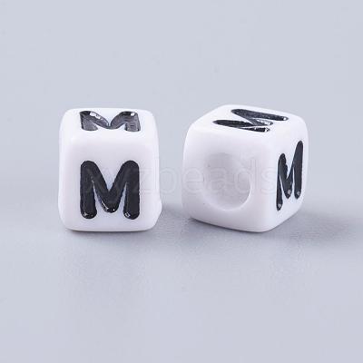 White Letter M Acrylic Cube Beads X-PL37C9308-M-1