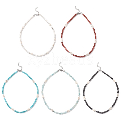 5Pcs Natural & Synthetic Round Gemstone and Skull Synthetic Turquoise Bead Necklaces NJEW-JN05391-1