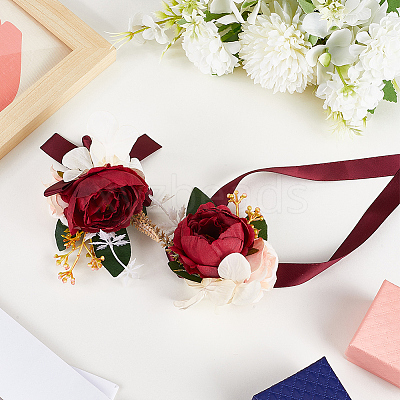 2Pcs 2 Style Silk Cloth Rose with Satin Ribbon Corsage Boutonniere & Wrist Corsages AJEW-CP0005-94-1