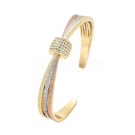 Brass Micro Pave Clear Cubic Zirconia Flat Round Open Cuff Bangles for Women BJEW-M312-13-1