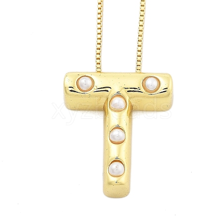 Brass & Plastic Pearl Letter Pendant Box Chain Necklaces for Women NJEW-U017-01G-20-1