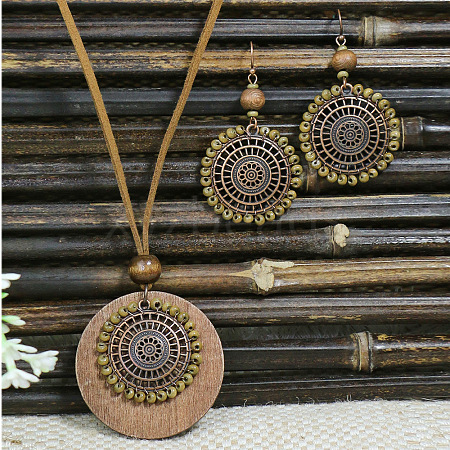 Bohemian Alloy Enamel & Wood Pendant Necklaces & Dangle Earrings Sets WG0DDDA-02-1