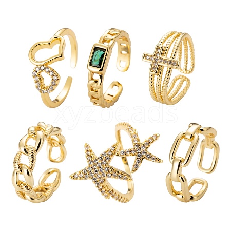 6Pcs 6 Styles Adjustable Brass Micro Pave Clear Cubic Zirconia Cuff Rings RJEW-LS0001-19G-1