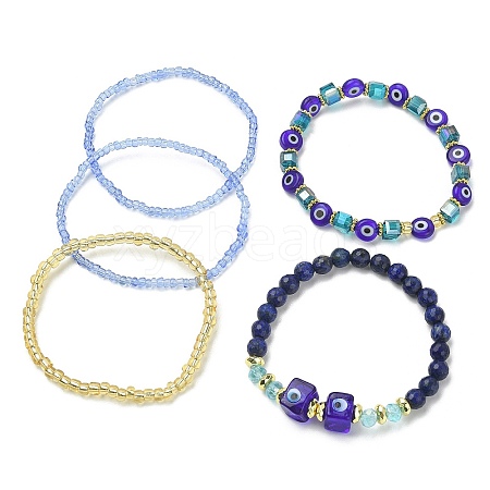 5Pcs 5 Style Natural Lapis Lazuli & Lampwork Evil Eye & Seed Beaded Stretch Bracelets Set BJEW-JB09616-01-1