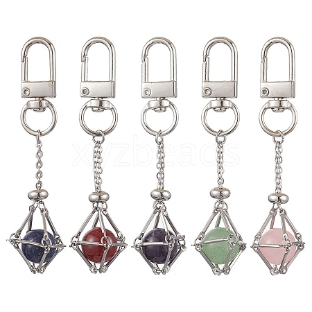 Stainless Steel Macrame Chain Pouch Round Natural Lapis Lazuli & Amethyst & Green Aventurine & Carnelian & Rose Quartz Holder Pendant Decorations HJEW-JM02049-1