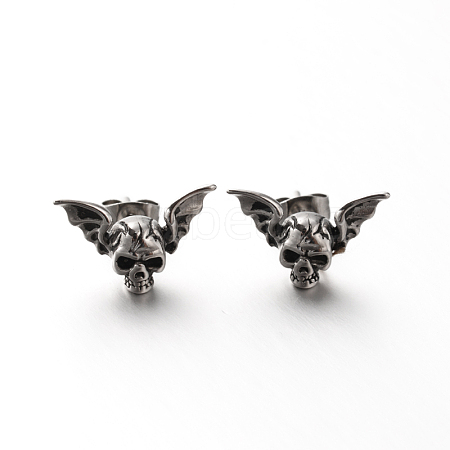 Retro 304 Stainless Steel Skull with Wing Ear Studs EJEW-P057-39-1