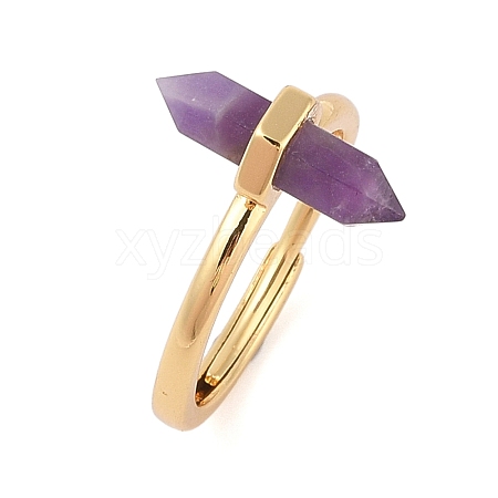 Double Pointed Hexagonal Prism Natural Amethyst Adjustable Rings for Women RJEW-G327-01G-10-1