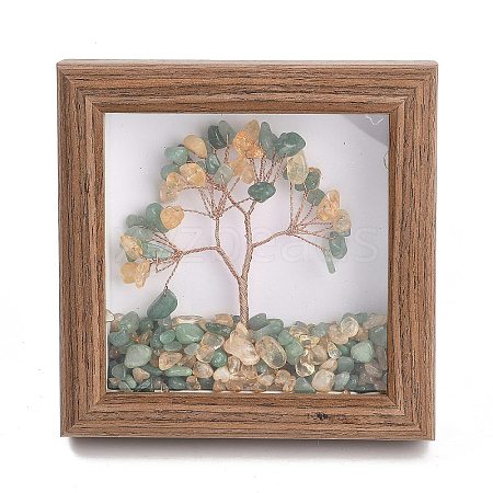 Natural Green Aventurine and Yellow Quartz Chips Tree of Life with Wooden Photo Frame Decorations DJEW-B013-04D-1