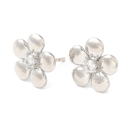 Brass Flower Stud Earrings with Clear Cubic Zirconia EJEW-Q770-10P-1