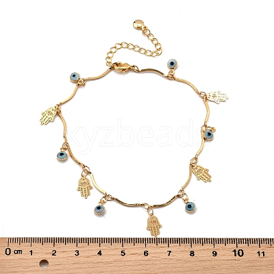 Bohemian Brass & Resin Light Blue Evil Eye & Hamda Hand Tassel Anklets AJEW-Z046-01G-1