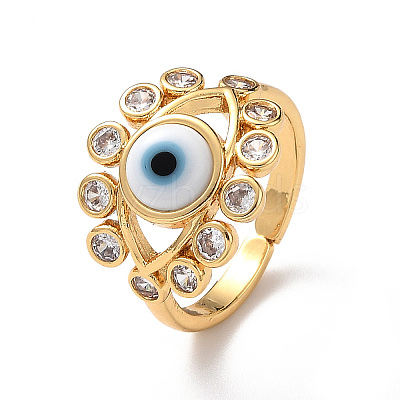 Lampwork Evil Eye Open Cuff Ring with Clear Cubic Zirconia RJEW-L104-03G-02-1