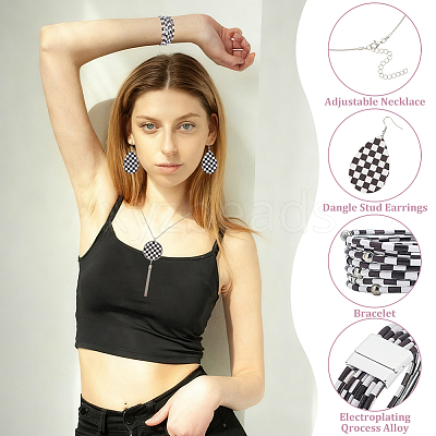 Tartan Teardrop PU Leather Pendant Necklaces & Bracelets & Dangle Earrings Sets SJEW-WH0007-07B-1