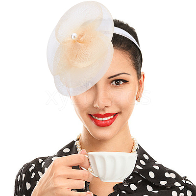 Hat Flower Mesh Organza Feathers on a Hair Band Party Headwear for Girls and Women OHAR-WH0051-009-1