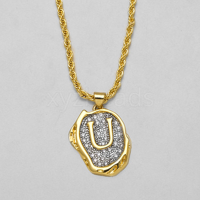Brass Crystal Rhinestone Oval with Letter Pendant Necklaces FS-WG7CB6D-19-1